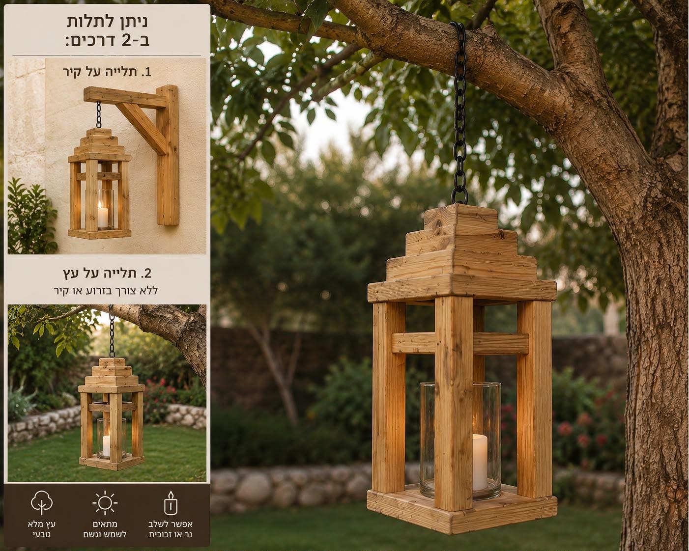 תמונת הסבר: פנס עץ כפרי תלוי בשרשרת מענף של עץ, ולצידה שתי דרכי התלייה — על זרוע קיר או ישירות על עץ